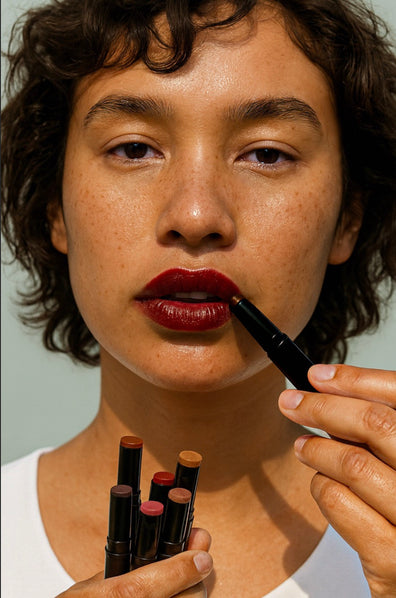 model looking at from camera wearing red lipstick holding up sticks 