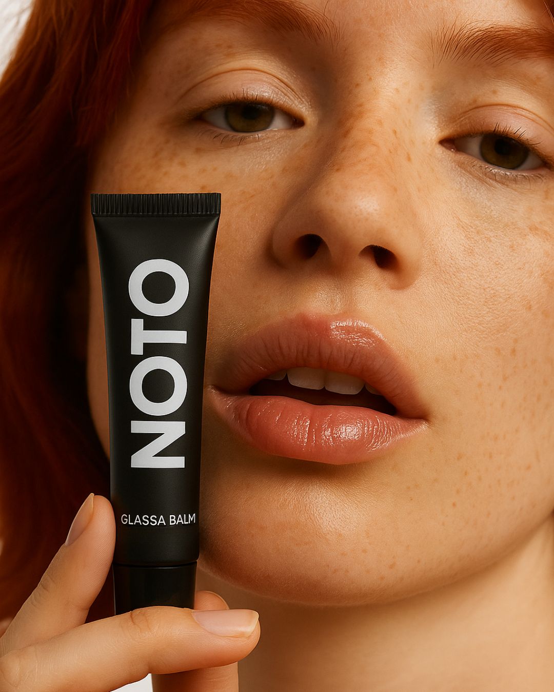 Person holding a black tube labeled 'Noto' near their lips