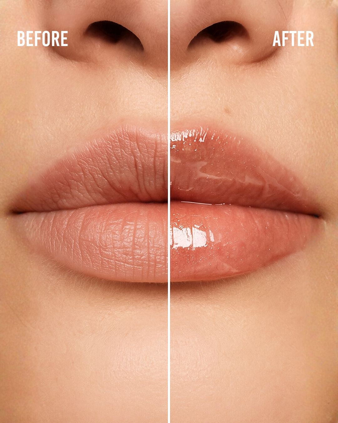 Before and after comparison of lips with noto lip product application.