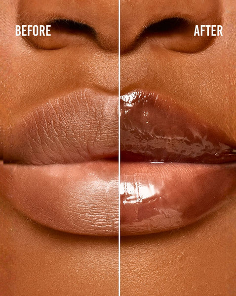 Before and after comparison of lips with a glossy finish