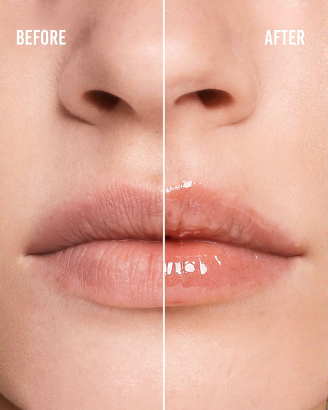 Before and after comparison of lips with a clear lip balm application.