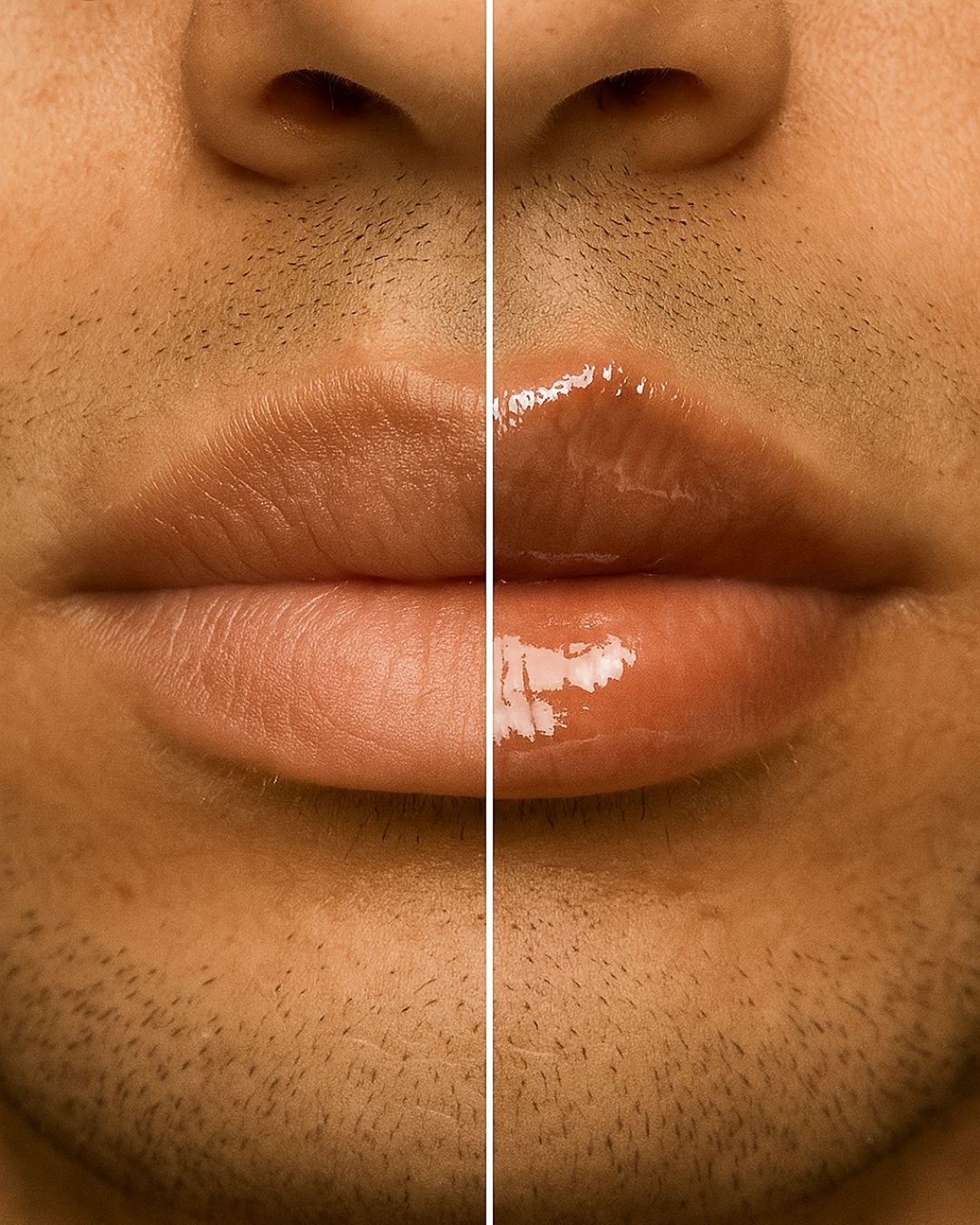 Close-up of lips before and after applying a lip product.